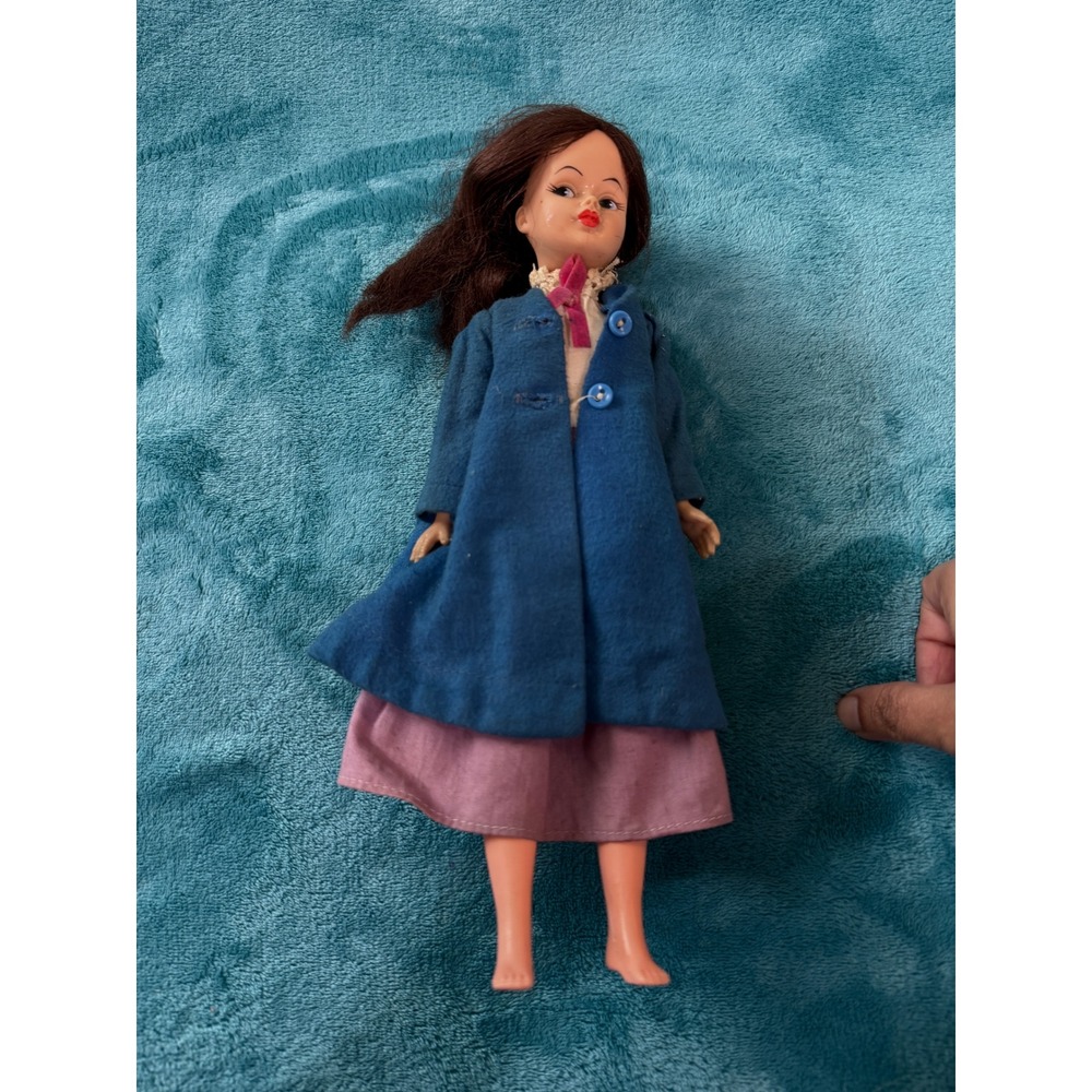 Vintage Brunette‎ Fashion Doll Blue Felt Coat Pink Skirt Retro Collectible Toy